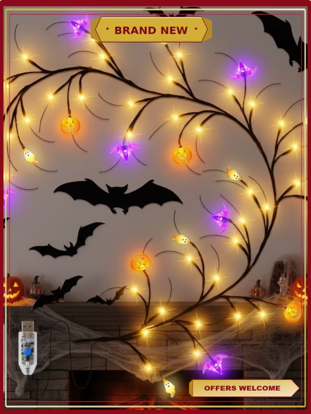Lighted Halloween Garland 6ft 54 LED Willow Vine Lights Indoor Outdoor Decor